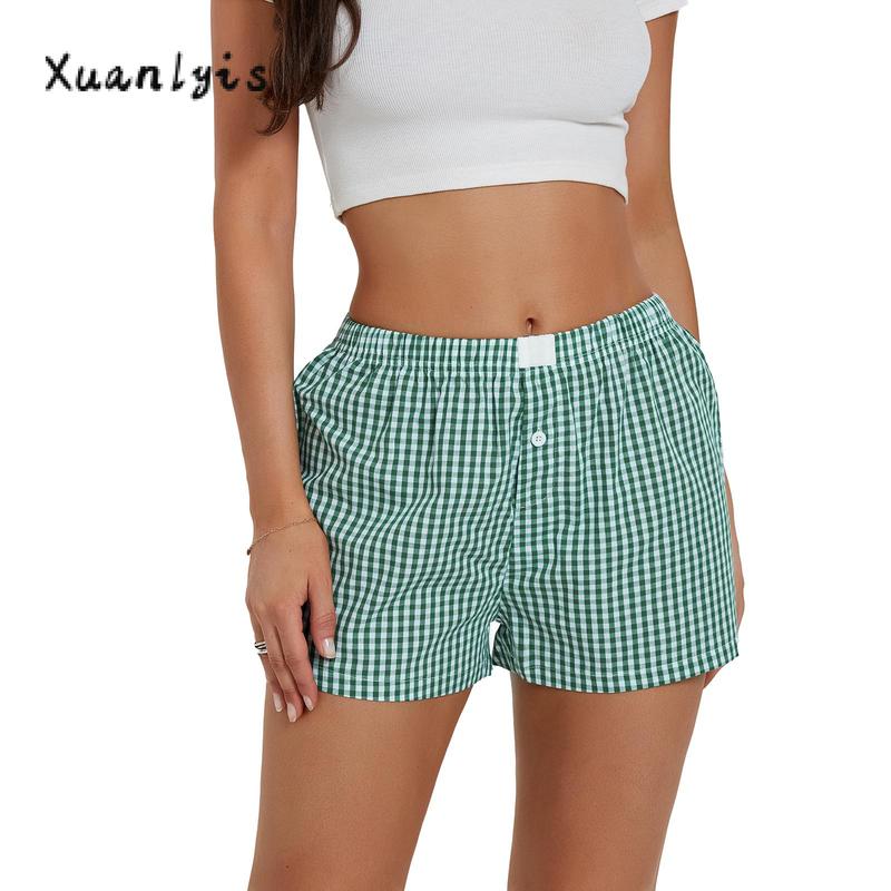 Women’s Plaid Print Shorts Elastic Low Waist Button Front Lounge Shorts Boxers Streetwear Fabric Womenswear Bottom Soft