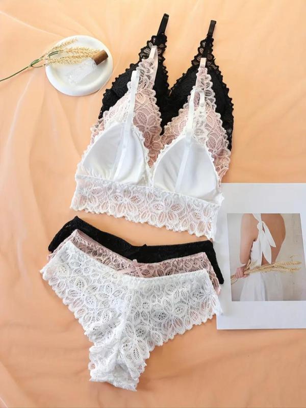 Women's Contrast Lace Flower Pattern Bra & Panty Set, Adjustable Strap Wireless Lingerie Top & Panty, Soft Comfy Breathable Underwear Set for Women