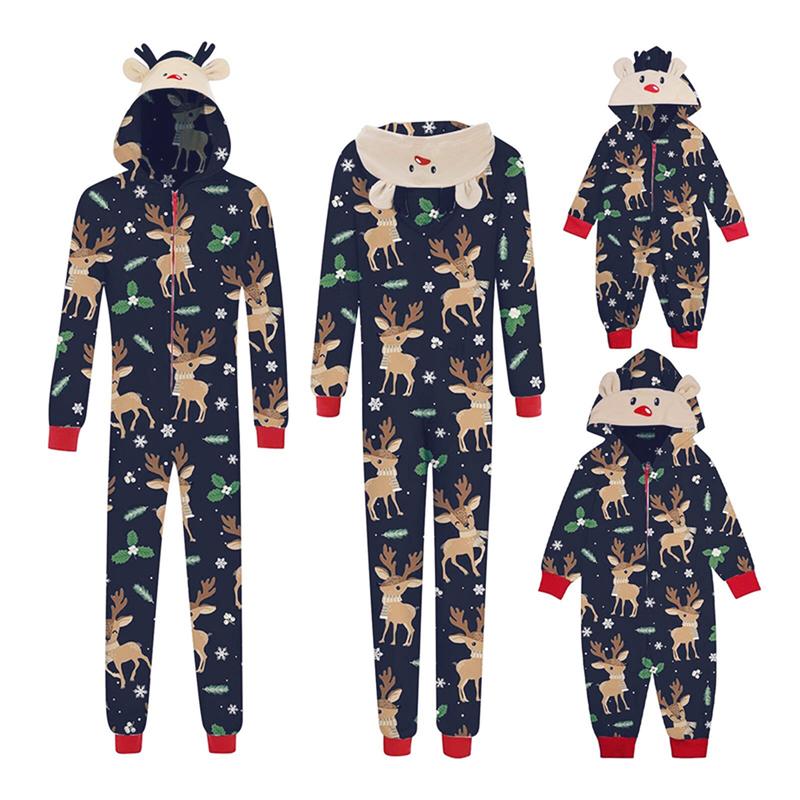 Matching Christmas Pjs for Family Reindeer Print Onesie Pajamas Hoodie  Xmas Sleepwear Outfits