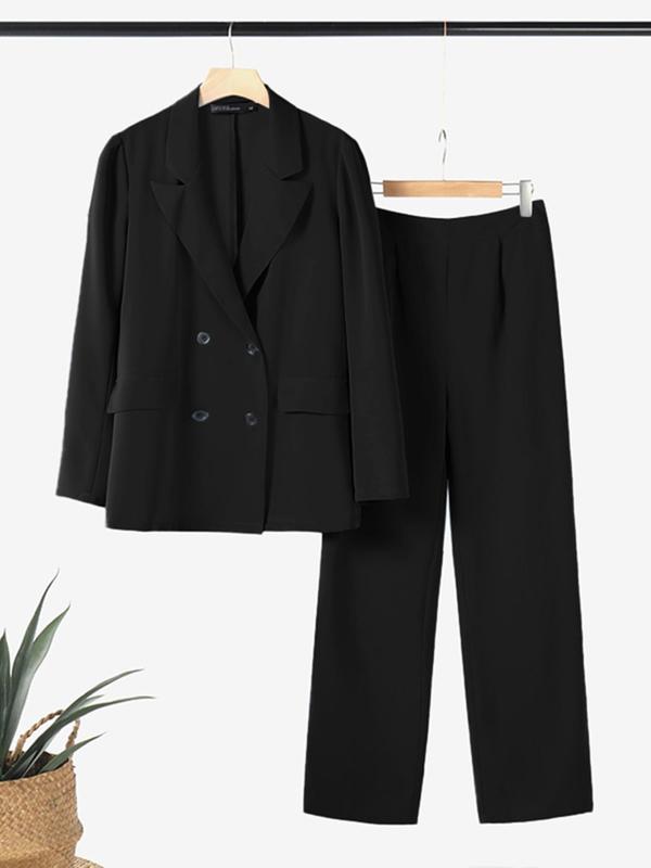 Women's Solid Double Button Lapel Neck Blazer & Pocket Pants Two-piece Set, Elegant Fashion Casual Outfits for Work Office Business, Ladies Fall & Winter Clothes