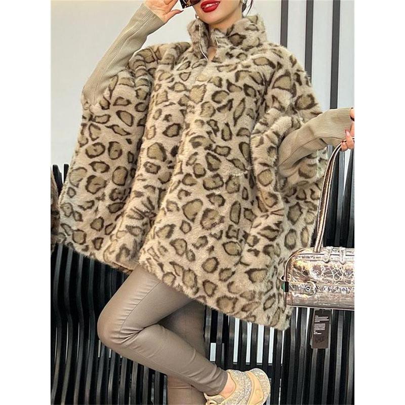 Cape Fashion Leopard Print Imitation Fur Coat Winter New Slim Design Furry Women's Clothing