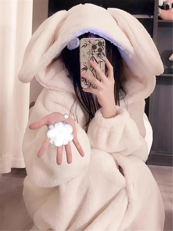 Women's Solid 3d Ear Decor Button Front Hooded Coral Fleece Robe, Cute Drop Shoulder Long Sleeve Thermal Lined Robe, Women's Sleepwear for Winter