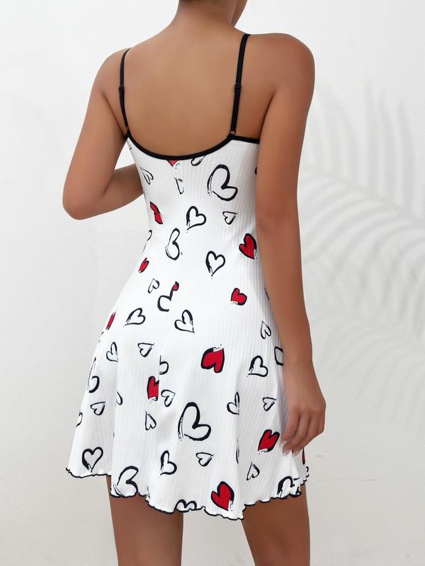 Women's Heart Print Bow Decor Cami Nightdress for Home Wear, Contrast Binding Sleeveless PJ Sleep Dress, Casual Comfy Pyjama Dress