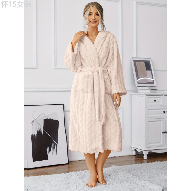 Casual Solid Fleece Jacquard Night Robe, Long Sleeve Hooded Robe With Belt, Women's Sleepwear & Dresses Fabric Polyester