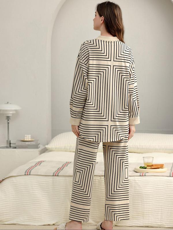 Two-Piece Set Women's Geometric Print Button Front Pocket Drop Shoulder Pajama, Casual Comfy Long Sleeve Top & Pants PJ Set, Ladies Sleepwear for Spring & Fall