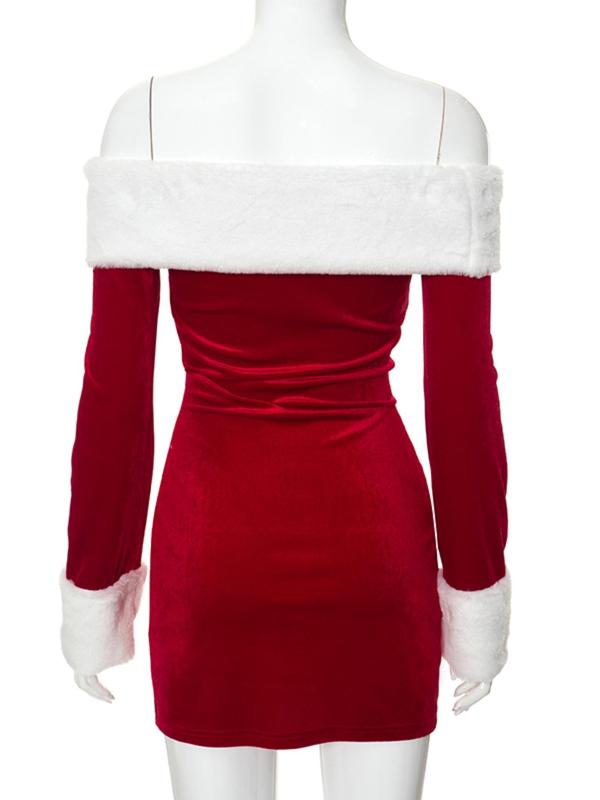 Women's Velvet Christmas Themed Dress, Elegant Off Shoulder Long Sleeve Short Dress for Party Holiday, Women's Clothing for Fall & Winter