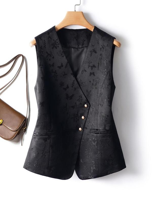 Women's Solid Jacquard Butterfly Print Asymmetrical Button Front Vest Blazer, Elegant Pocket V Neck Sleeveless Suit Vest, Ladies Clothes for Spring & Fall