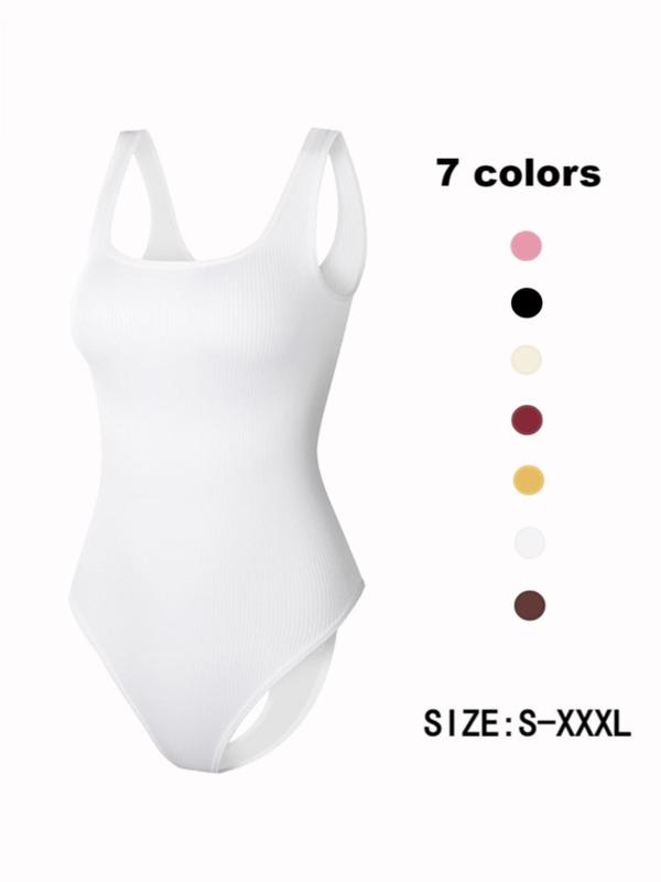 Women's Solid Backless Ribbed Shapewear Bodysuit, Breathable Comfortable Hook & Eye Closure Crotch Shaper, Tummy Control Butt Lifter, Ladies Shapewear for Daily Wear