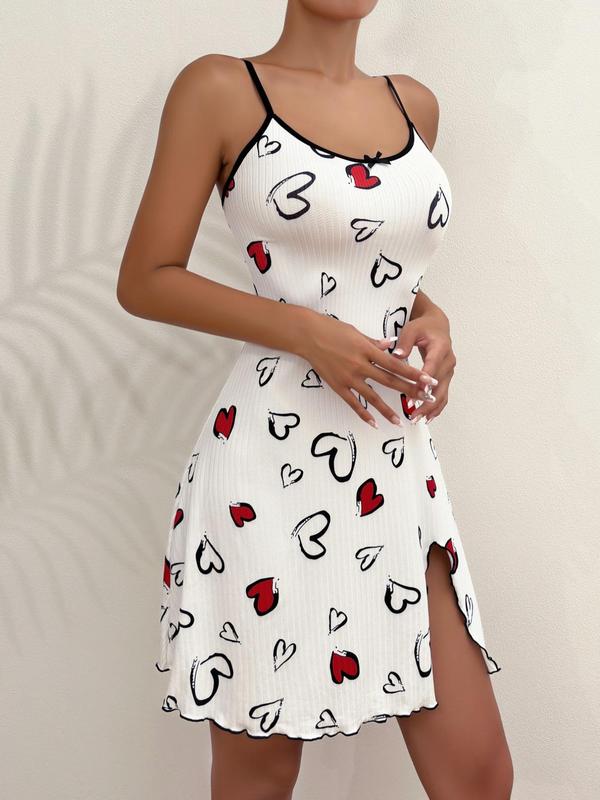 Women's Heart Print Bow Decor Cami Nightdress for Home Wear, Contrast Binding Sleeveless PJ Sleep Dress, Casual Comfy Pyjama Dress