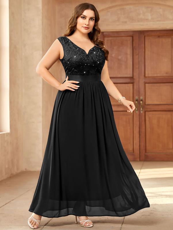 MISSMAY Women's Plus Size Lady Sequin V-Neck Elegant Comfort Lace Contrast Sleeveless Solid Formal Evening Maxi Dress YP23098