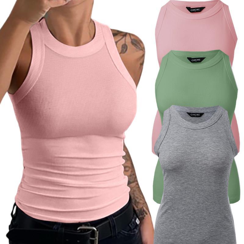 Chicme 3-Piece O-Neck Knit Thick Strap Racerback Tank Tops Without Bra Pads