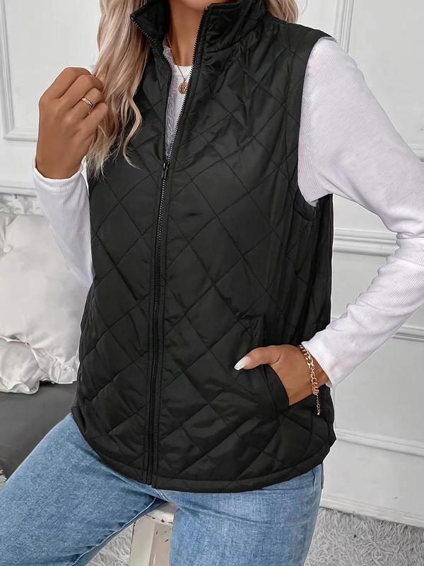 Women's Solid Zip Up Thermal Lined Vest Jacket, Casual Pocket Stand Collar Sleeveless Outerwear for Fall & Winter, Women's Clothes for Daily Wear