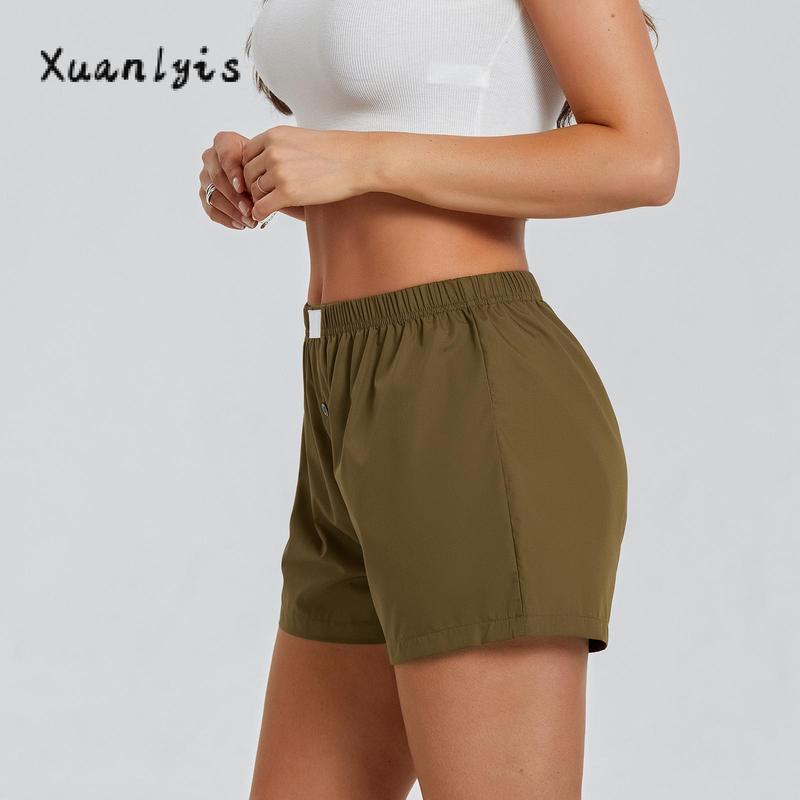 Women’s Plaid Print Shorts Elastic Low Waist Button Front Lounge Shorts Boxers Streetwear Fabric Womenswear Bottom Soft