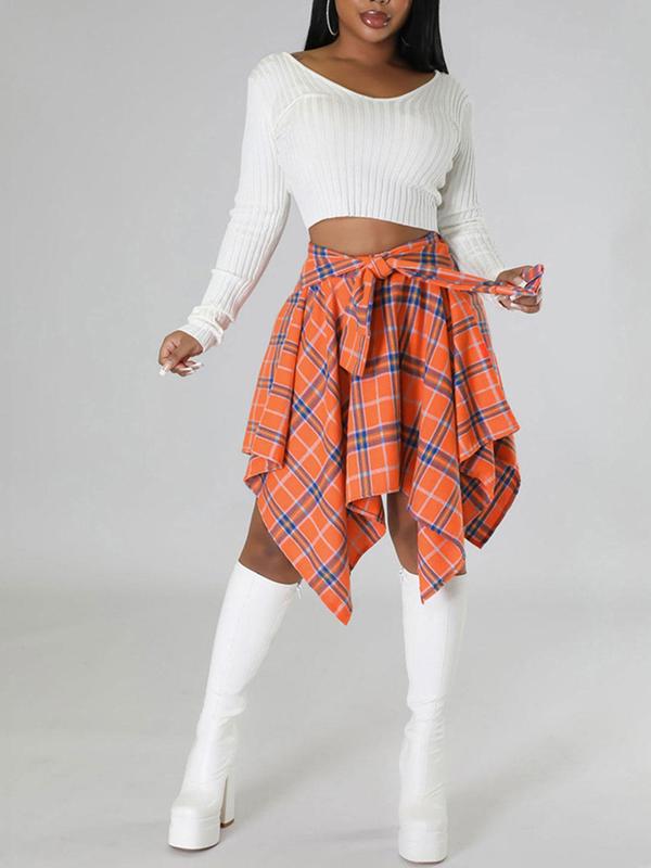 Women's Plaid Print Tie Front A Line Plaid Skirt, Casual Asymmetrical Hem Short Skirt for Daily Wear, Ladies Bottoms for All Seasons