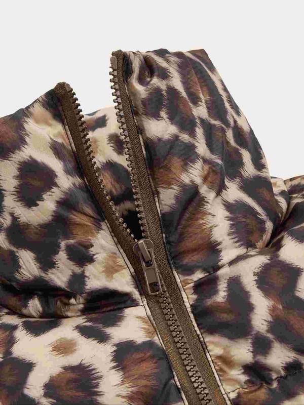 Women's Leopard Print Drawstring Zip Up Crop Vest Coat, Casual Stand Collar Cropped Outerwear for Fall & Winter, Women's Clothes for Daily Wear