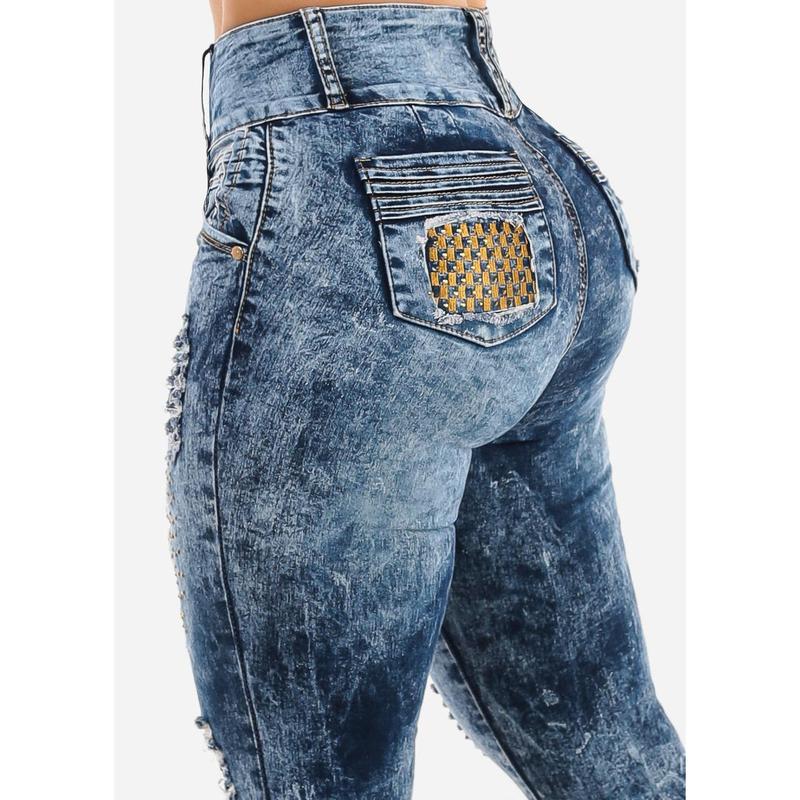 Butt Lift Super High Waist Ripped Skinny Jeans Acid Wash