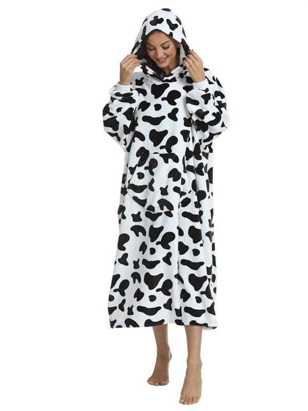 Women's Cow Print Drop Shoulder Flannel Lounge Hoodie, Casual Long Sleeve Pocket Design Hooded  Sweatshirt  for Fall & Winter, Lady's Sleepwear for Indoor Wear