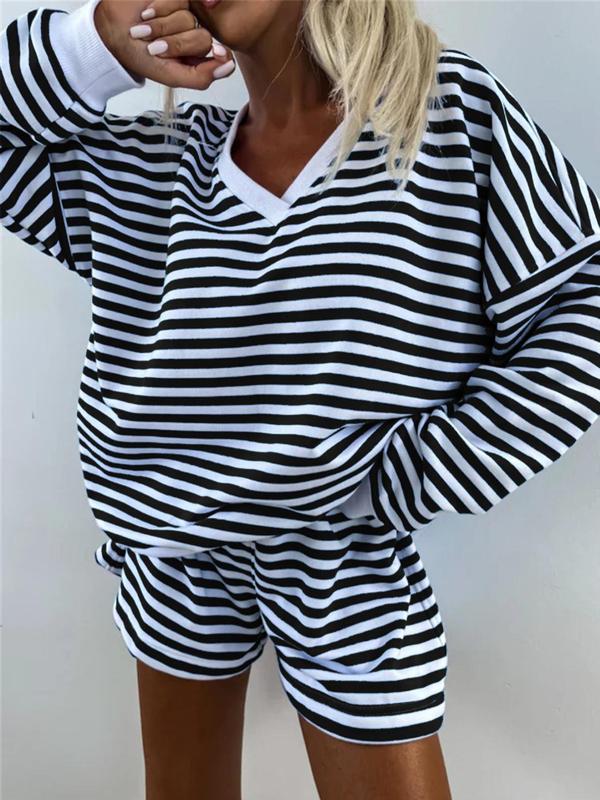 Two-piece Set Women's Striped Print Drop Shoulder Sweatshirt & Elastic Waist Shorts Loungewear, Casual Comfy V Neck Long Sleeve Top & Shorts Pj Set, Pajama Sets Women, Ladies Sleepwear for Spring & Fall, Black Girl Wear, Pajama Pants at Gym