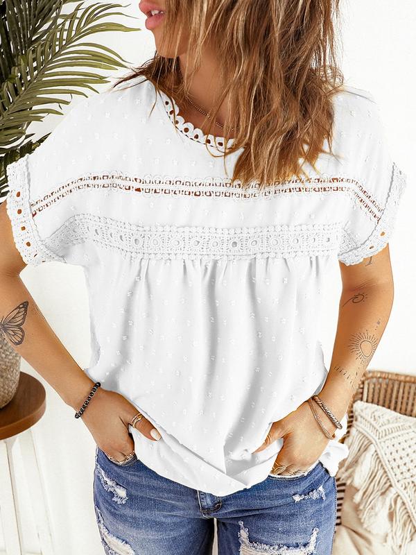 Dokotoo Womens Summer Tops Crewneck Lace Crochet Short Sleeve Shirts Casual Chiffon Blouses