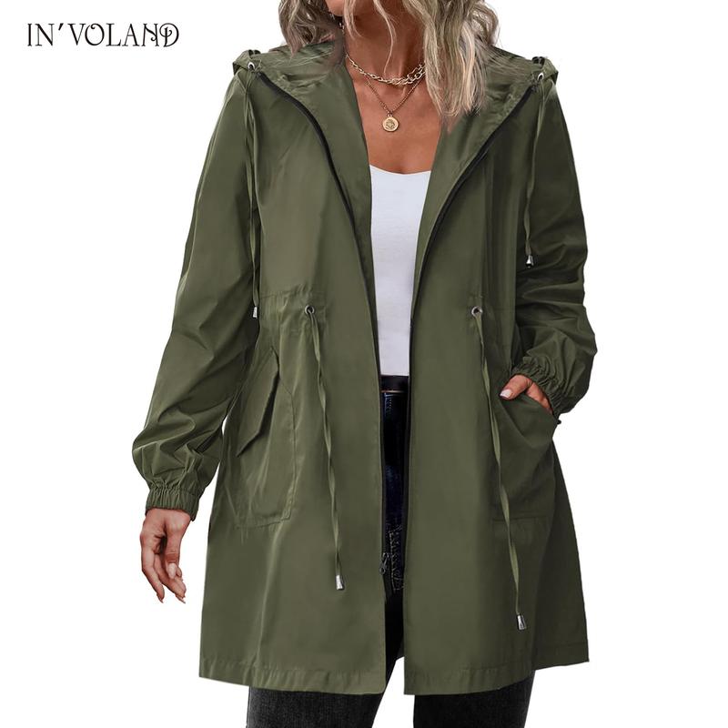 Holiday haul IN'VOLAND Women's Rain Jacket Plus Size Long Raincoat Lightweight Hooded Windbreaker Waterproof Jackets with Pockets Casual Long Sleeve