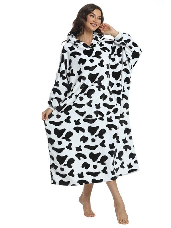 Women's Cow Print Drop Shoulder Flannel Lounge Hoodie, Casual Long Sleeve Pocket Design Hooded  Sweatshirt  for Fall & Winter, Lady's Sleepwear for Indoor Wear