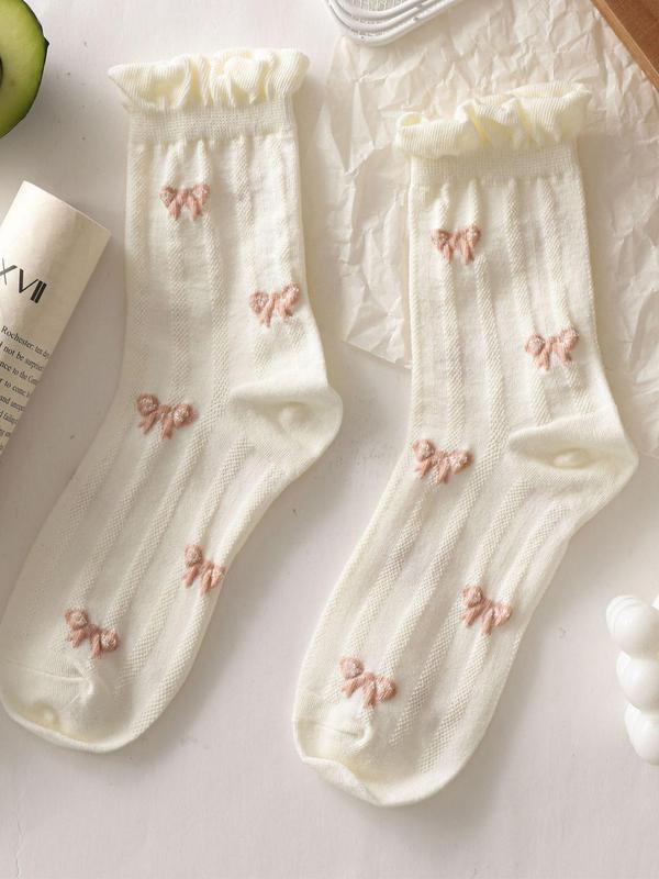 Cute Bow Print Crew Socks for Women, Multi-pack Comfortable Breathable Mid-calf Sock for Lady Daily Wear, Comfort Womenswear, Cozy Soft Women's Sock for All Seasons, Fall Wear, Fallfreshness