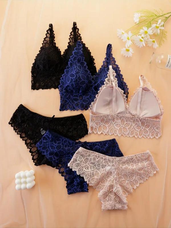 Women's Contrast Lace Flower Pattern Bra & Panty Set, Adjustable Strap Wireless Lingerie Top & Panty, Soft Comfy Breathable Underwear Set for Women