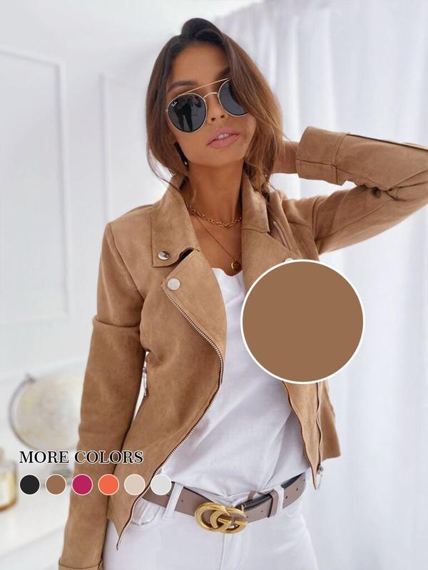 Women's Solid Pocket Button Zipper Suede Jacket, Elegant Long Sleeve Lapel Outerwear for Fall, Ladies Clothes for Daily Wear