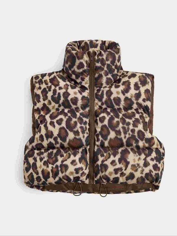 Women's Leopard Print Drawstring Zip Up Crop Vest Coat, Casual Stand Collar Cropped Outerwear for Fall & Winter, Women's Clothes for Daily Wear