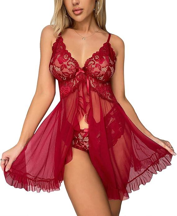 Women Lingerie Lace Babydoll Mesh Nightgown Chemise Boudoir Nighty Sleepwear