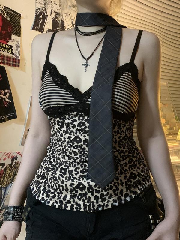 Women's Leopard & Striped Print Contrast Lace Cami Top, Y2K Fashion Adjustable Strap Top for Summer, Women's Top for Daily Wear