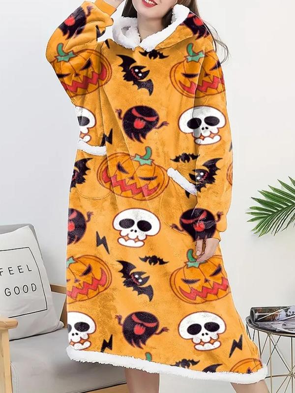 Women's All Over Print Thermal Lined Pocket Hooded Lounge Robe, Casual Halloween Themed Warm Raglan Sleeve Sleep Robe for Fall & Winter, Lady's Sleepwear for Indoor Wear