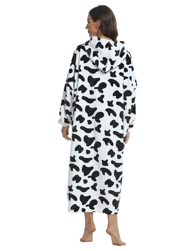 Women's Cow Print Drop Shoulder Flannel Lounge Hoodie, Casual Long Sleeve Pocket Design Hooded  Sweatshirt  for Fall & Winter, Lady's Sleepwear for Indoor Wear