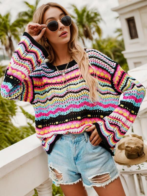 Women's Colorful Striped Hollow Out Drop Shoulder Sweater, Mufti Clothes, Back To School Outfits, Y2k Long Sleeve Round Neck Jumper for Fall, Women's Knitwear for Daily Wear, Women's Tops, Fall Outfits, Fallfreshness Clothes