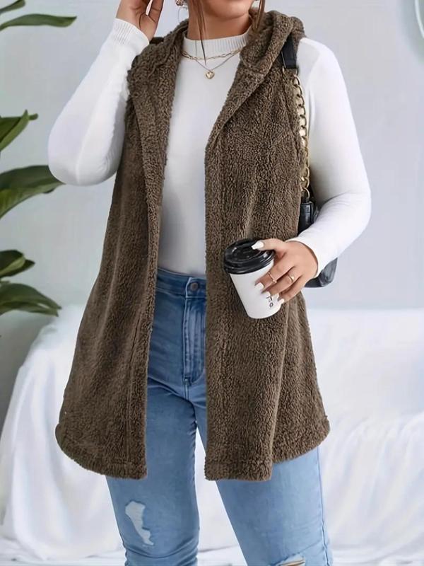 Plus Solid Color Hooded Vest Coat, Casual Basic Lady Coat, Minimalist Womenswear, Sleeveless Open Front Outerwear for Fall & Winter, Women's Clothes for Daily Wear