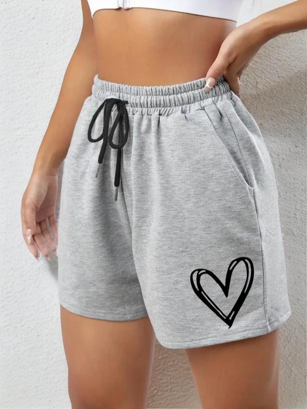 Womenswear Heart Print Drawstring Waist Comfort Shorts, Casual Elastic Waist Pocket Track Shorts for Daily Wear, Ladies Bottoms for All Seasons