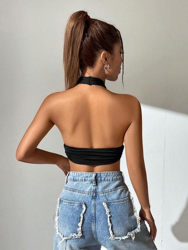 Women's Solid Backless Halter Crop Top, Casual Sleeveless Tie Back Top for Summer, Halter Top, Fashion Women's Clothing for Daily Wear