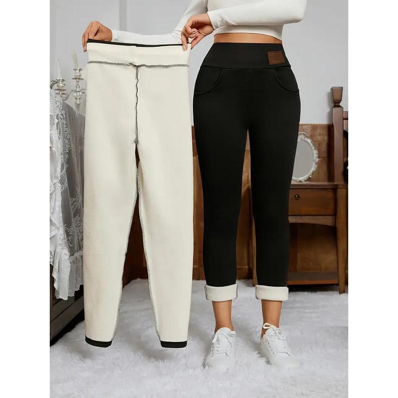 4 Pcs Full-Length High-Waisted Women's Fleece-Lined Leggings, Slim Fit, Warm, Sports Style Athletic Casual Pants for Fall & Winter