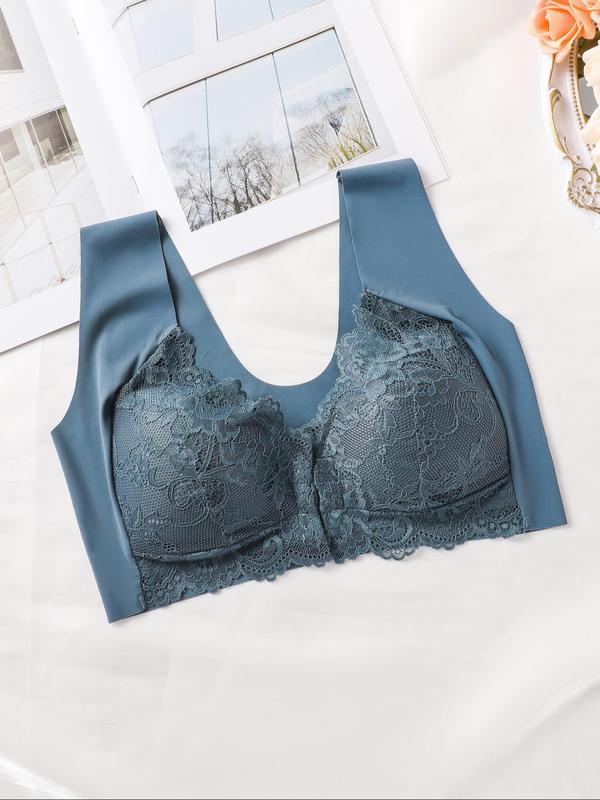 Women's Buckle Front Contrast Floral Lace Bralette, Casual Comfy Breathable Wireless Bra, Women's Lingerie for All Seasons