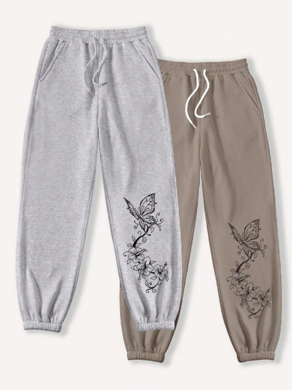 Women's Butterfly & Floral Print Drawstring Waist Sweatpants, Casual Pocket Jogger Pants for Daily Wear, Ladies Bottoms for All Seasons