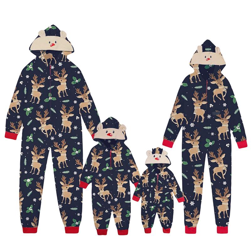 Matching Christmas Pjs for Family Reindeer Print Onesie Pajamas Hoodie  Xmas Sleepwear Outfits