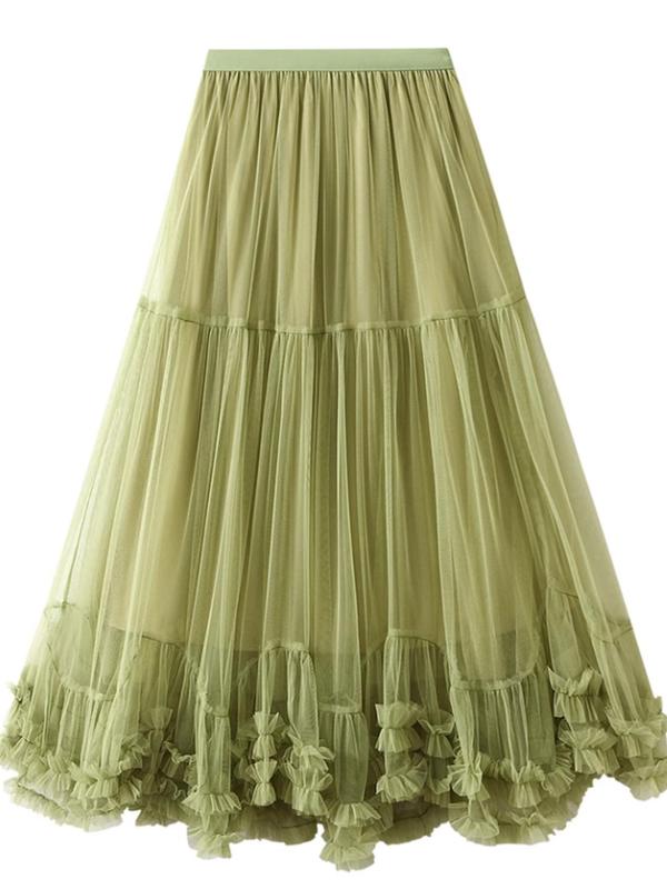 Women's Plain Frill Trim Tiered Layer Mesh Skirt, Elegant Fashion Long Skirt for Party Holiday Wedding Guest, Ladies Clothes for All Seasons