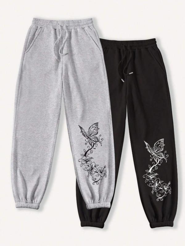 Women's Butterfly & Floral Print Drawstring Waist Sweatpants, Casual Pocket Jogger Pants for Daily Wear, Ladies Bottoms for All Seasons