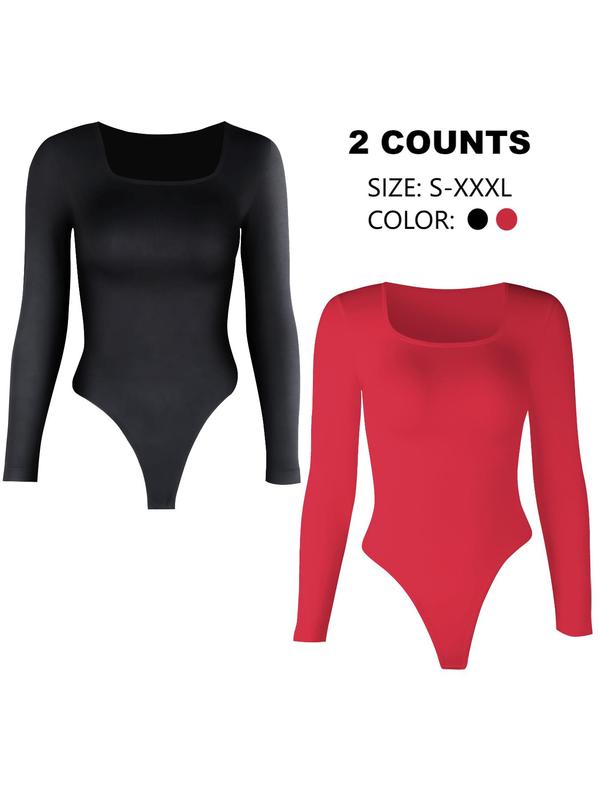 Women's Solid Square Neck Shapewear Bodysuit, Casual Comfy High Stretch Seamless Shaper, Fall Body Shapewear, Ladies Shapewear Clothes for Daily Wear, Fall Wear Black Girl