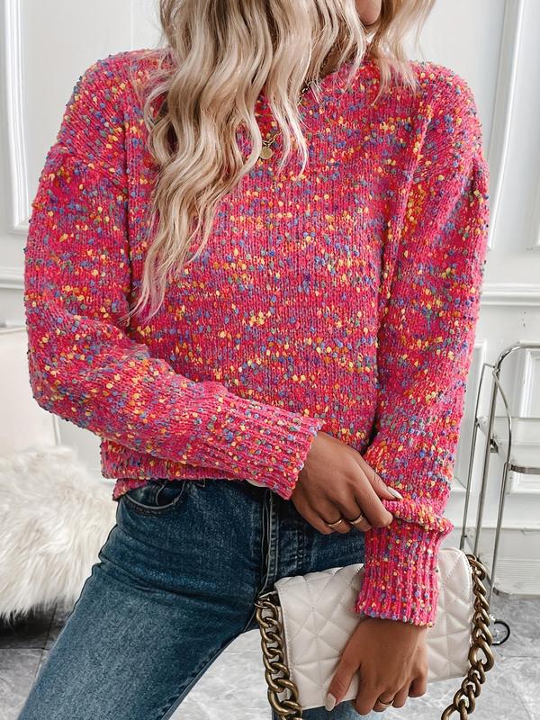 Women's Colorblock Pom Pom Decor Drop Shoulder Sweater, Casual Long Sleeve Round Neck Jumper for Fall & Winter, Fashion Ladies' Knitwear for Daily Wear, Fall Outfits, Fall freshness, Fall Outfits 2024 Cardigan Sweater