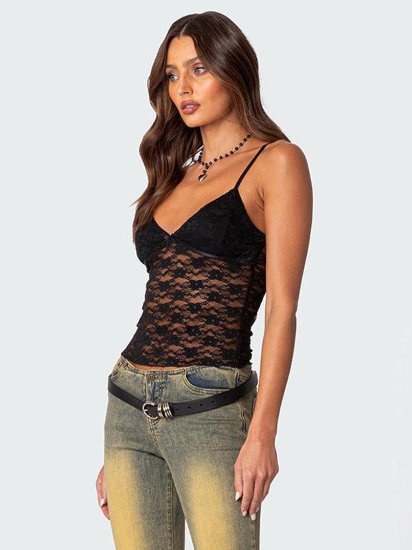 Women's Plain Floral Lace Bow Decor Sheer Crop Cami Top, Elegant V Neck Backless Top for Summer, Ladies 90s Clothes for Dating Daily Wear, Leisure Wear Top