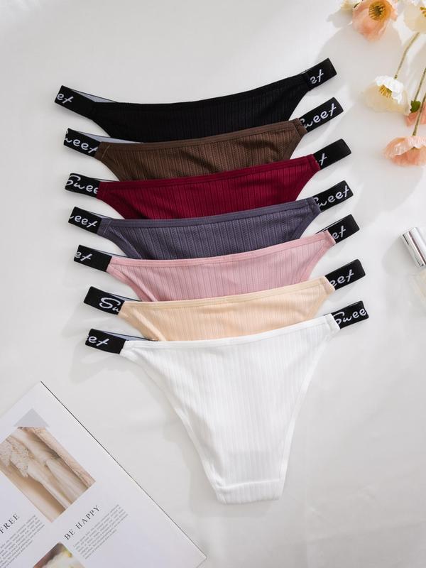 Women's 7 Counts Contrast Letter Tape Drop Waist Thongs, Fall Wear 2024, Casual Soft Comfy Breathable Back To School Panties for Fall Daily Wear, Ladies Underwear for Fall, Vacation Wear