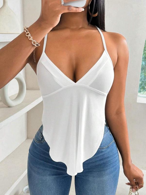 Women's Solid Backless Lace Up Halter Top, Casual Asymmetrical Hem Sleeveless Top for Summer, Fashion Women's Clothing for Daily Wear