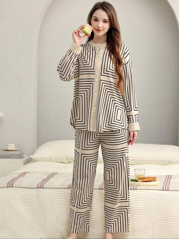 Two-Piece Set Women's Geometric Print Button Front Pocket Drop Shoulder Pajama, Casual Comfy Long Sleeve Top & Pants PJ Set, Ladies Sleepwear for Spring & Fall