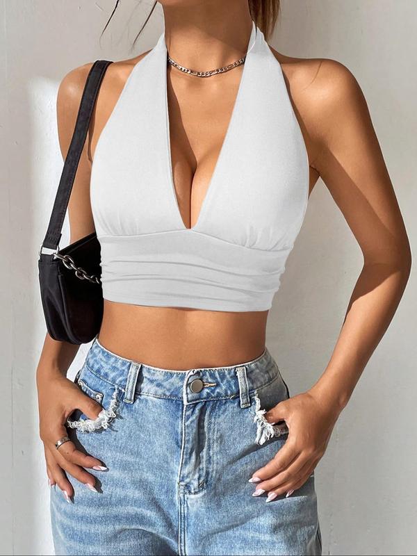 Women's Solid Backless Halter Crop Top, Casual Sleeveless Tie Back Top for Summer, Halter Top, Fashion Women's Clothing for Daily Wear